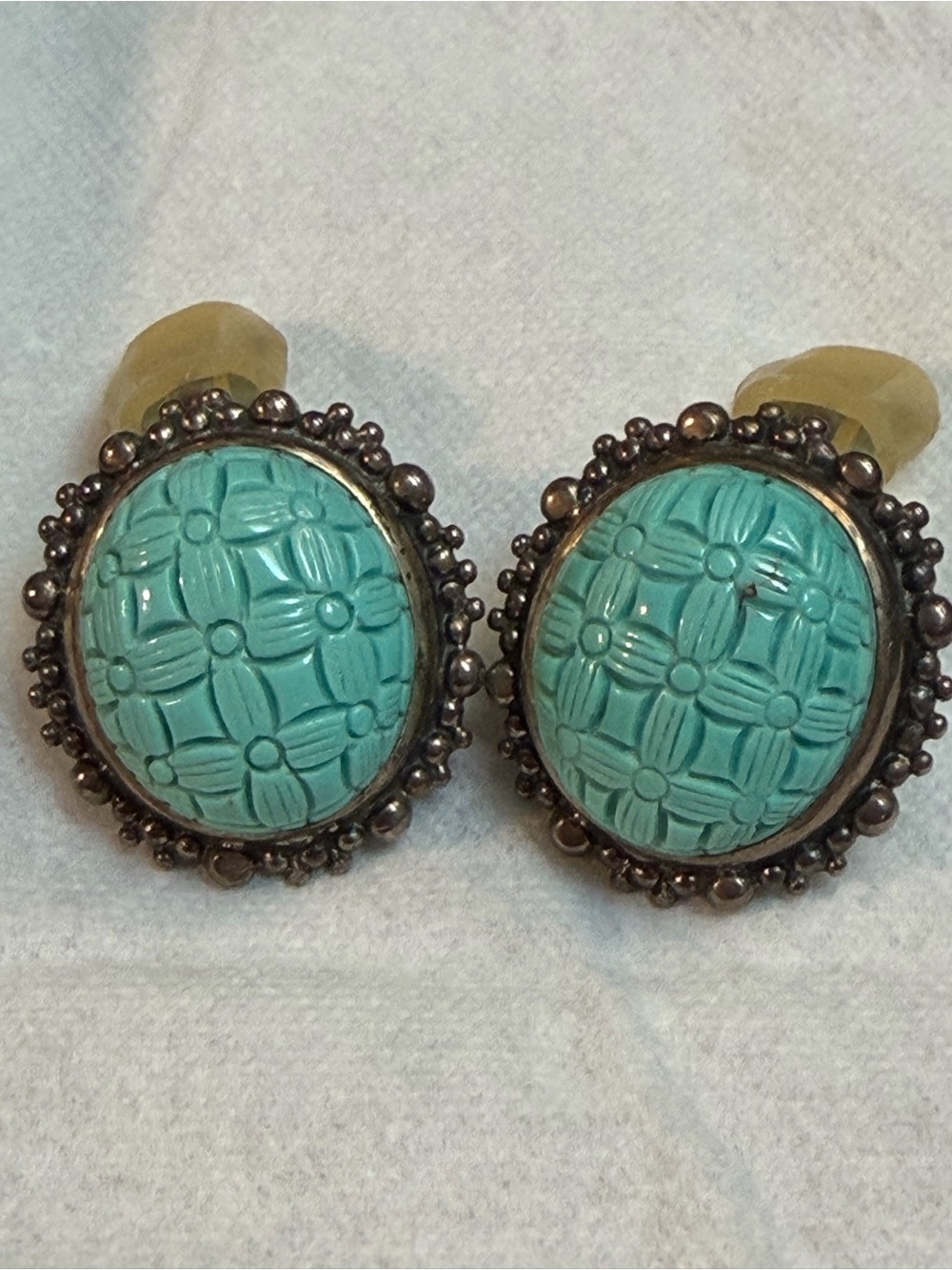 Stephen Dweck Turquoise Carved Stone Clip-On Earrings -Sterling Silver